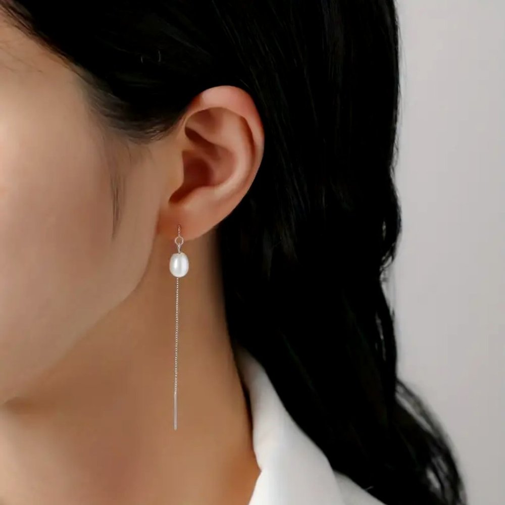 Elegant Sterling Silver Baroque Drop Design With Freshwater • Pearl Earrings